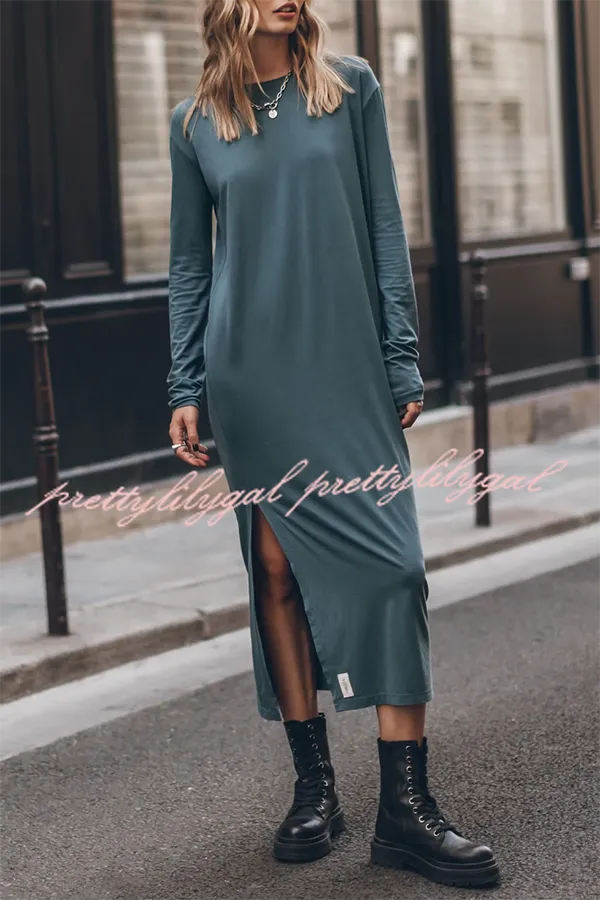 The Bedisse Cotton Blend Long Sleeve Relaxed Slit Midi Dress