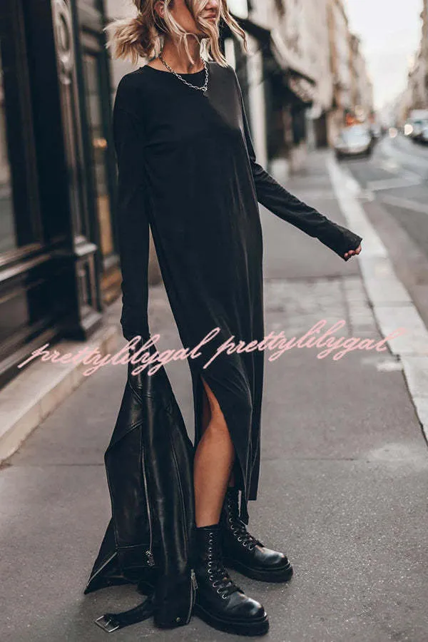 The Bedisse Cotton Blend Long Sleeve Relaxed Slit Midi Dress