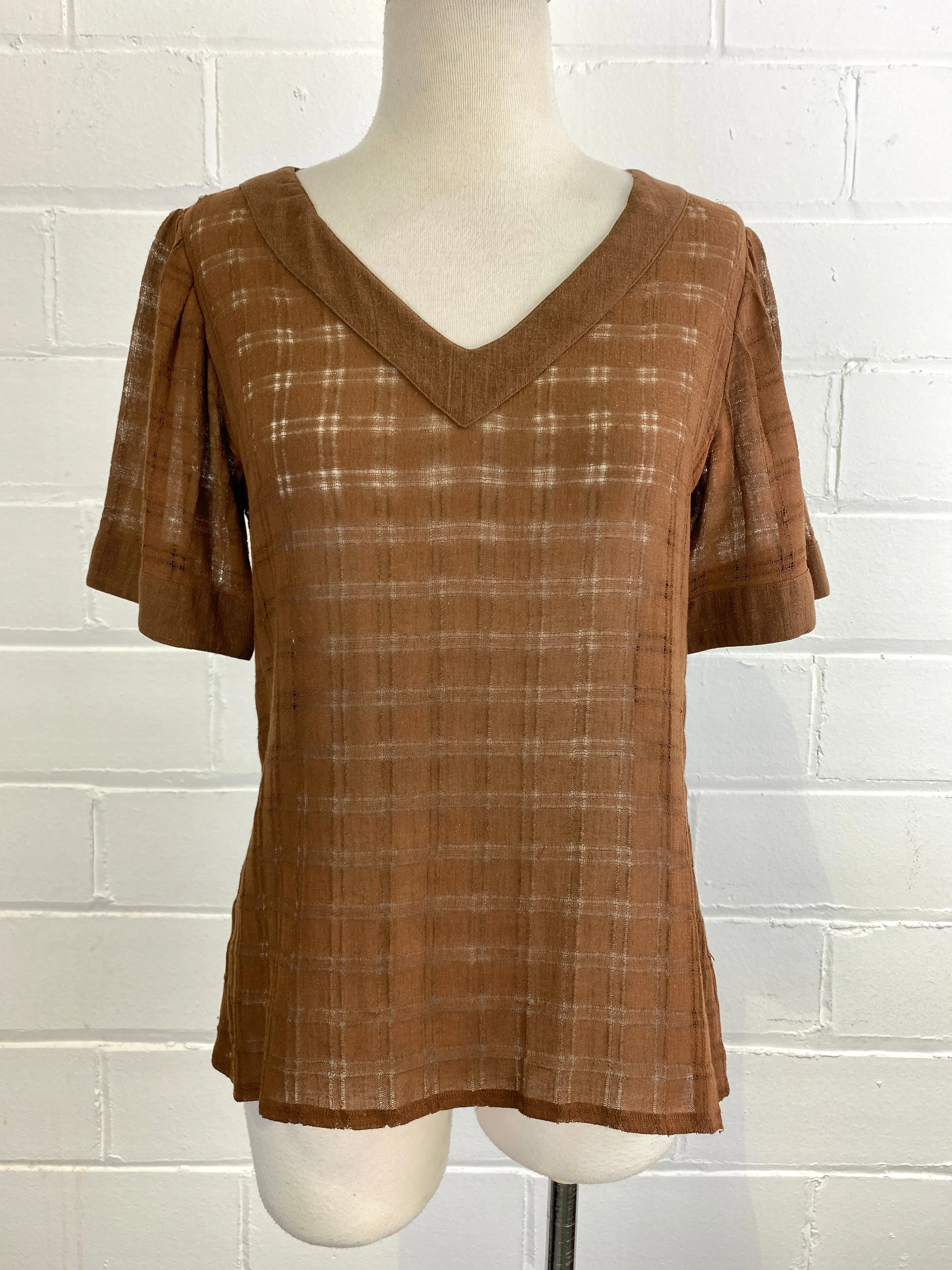 Vintage Brown Cotton Gauze Short Sleeve Shirt, Small