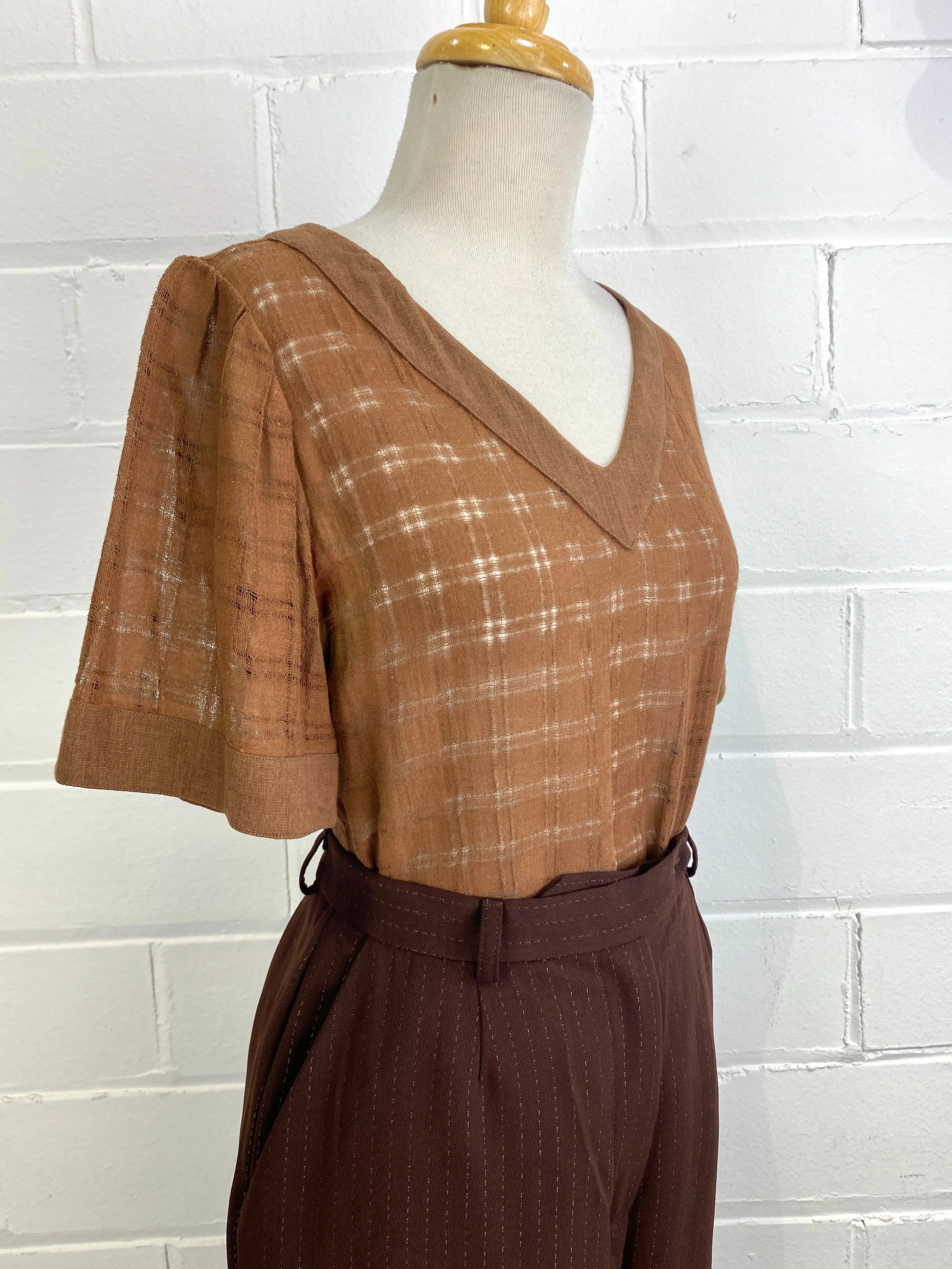 Vintage Brown Cotton Gauze Short Sleeve Shirt, Small