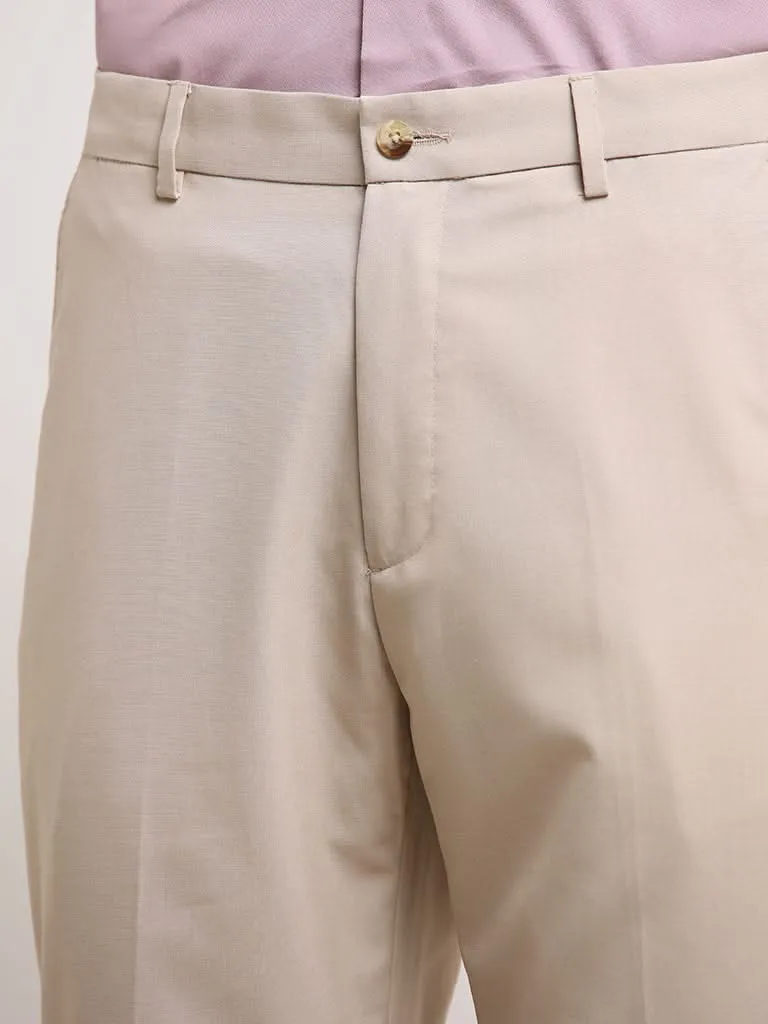 WES Formals Beige Cotton Straight-Cut Fit Trousers