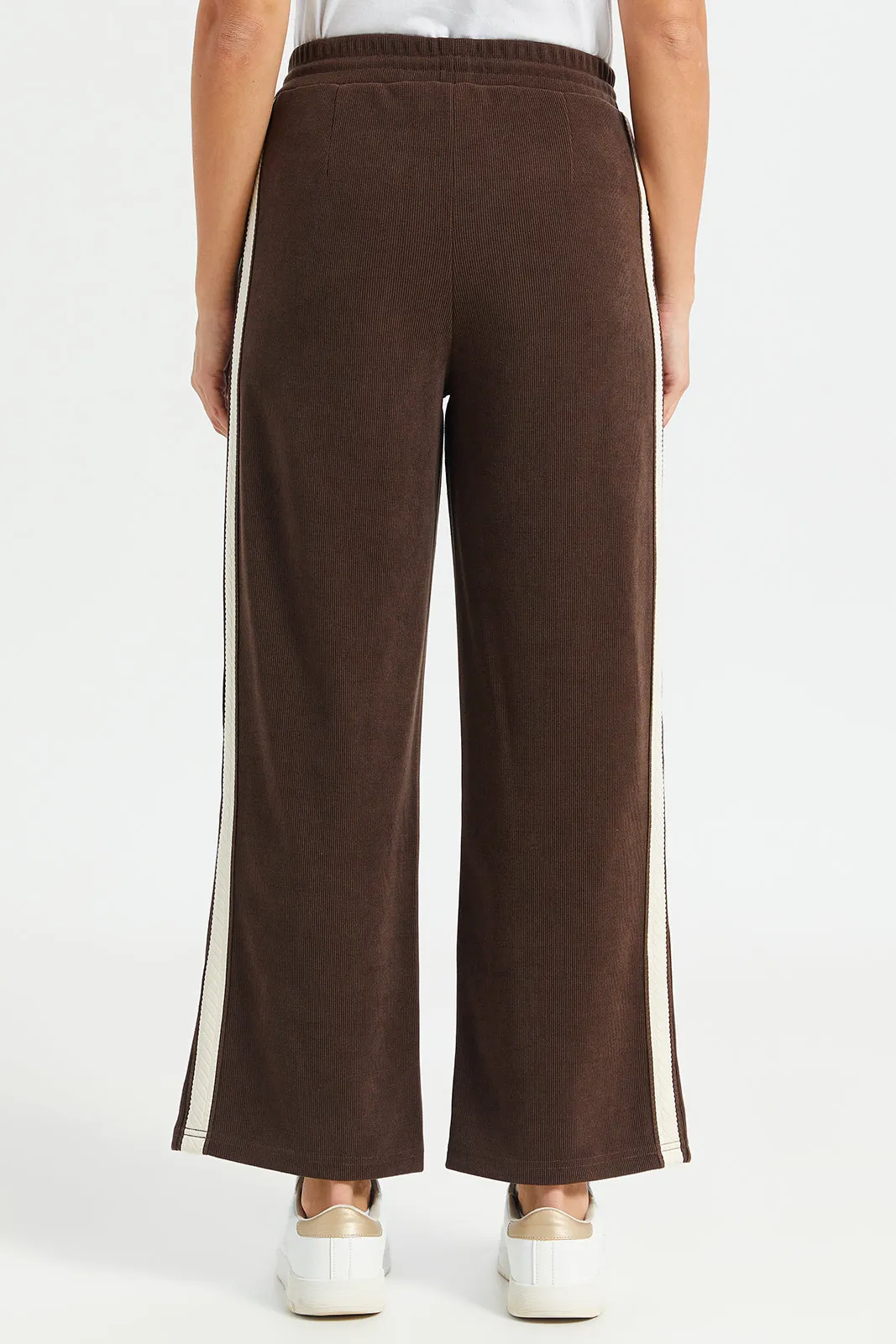 Women Brown Contrast Tape Wide Leg Pants