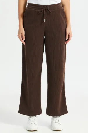 Women Brown Contrast Tape Wide Leg Pants