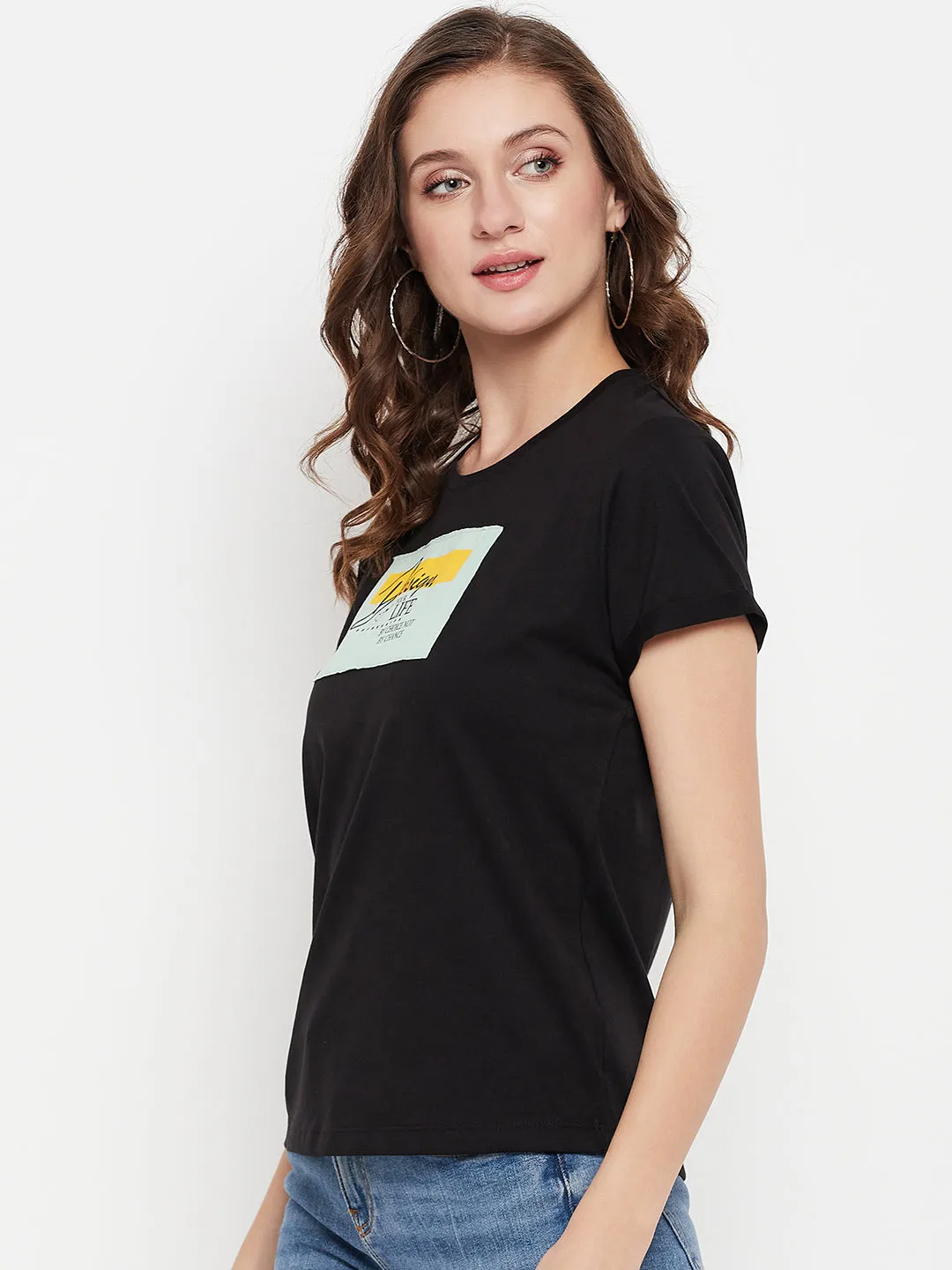 Women's Casual Regular Short Sleeve Black Round neck Typographic Print T-Shirt