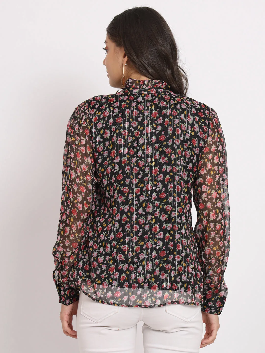 Women's Floral Printed Tie-Up Neck Cuffed Sleeve Chiffon Regular Top